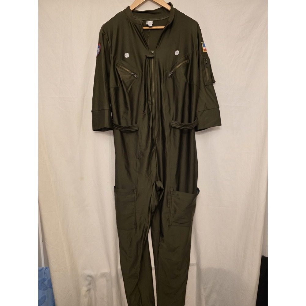 Top Gun Maverick Jumpsuit Women's Large Green Flight Suit Costume Front Patches